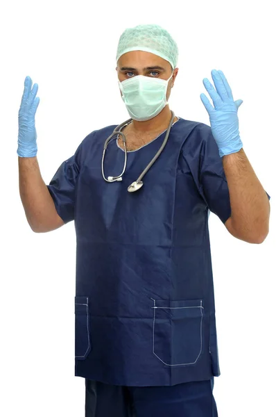 Lekarz Mundurze Gotowy Operacji Odizolowany Biało — Zdjęcie stockowe