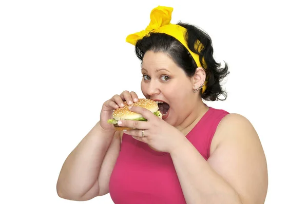 Menina Grande Com Hambúrguer Isolado Branco — Fotografia de Stock
