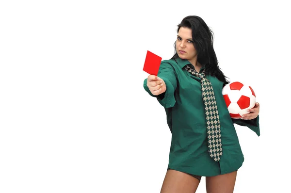 Seksikäs Liikenainen Punainen Kortti Jalkapallo Pallo Eristetty Valkoinen — kuvapankkivalokuva