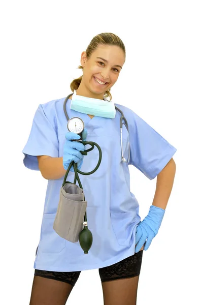 Sexy Young Doctor Blood Pressure Device Posing White Background — Stock Photo, Image