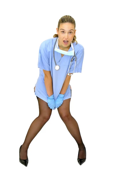 Sexy Jovem Médico Posando Contra Fundo Branco — Fotografia de Stock