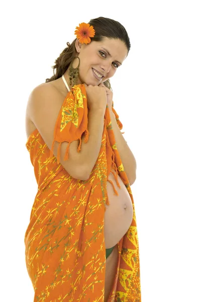 Έγκυος Γυναίκα Πορτοκαλί Κουρέλι Και Λουλούδια Που Απομονώνονται Λευκό — Φωτογραφία Αρχείου