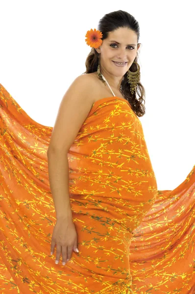 Mujer Embarazada Con Trapo Naranja Flores Aisladas Blanco —  Fotos de Stock