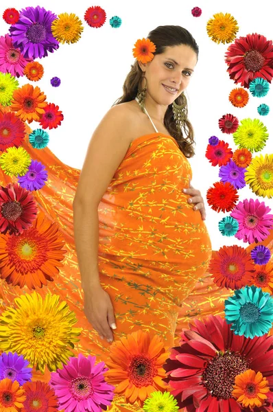 Kobieta Ciąży Pomarańczowy Szmata Kwiaty Białym Tle Kolorze Białym — Zdjęcie stockowe