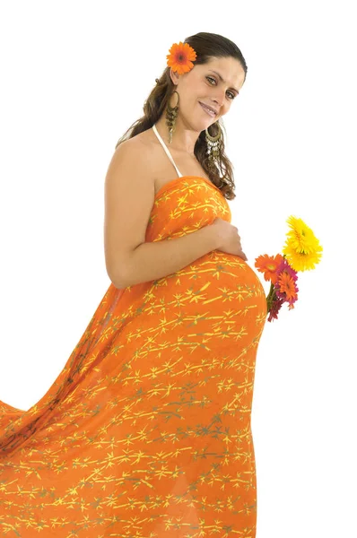 Mulher Grávida Com Pano Laranja Flores Isoladas Branco — Fotografia de Stock