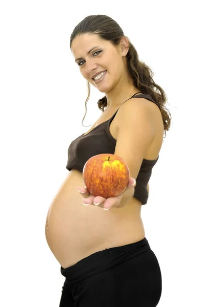 Kobieta Ciąży Trzymająca Jabłko Odizolowane Kolorze Białym — Zdjęcie stockowe