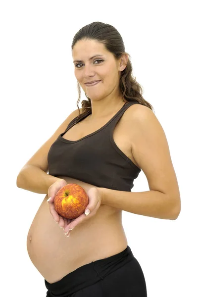 Femme Enceinte Tenant Une Pomme Isolée Blanc — Photo