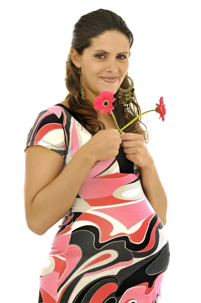 Беременная Женщина Позирует Розовым Платьем Цветами Изолированы Белом — стоковое фото
