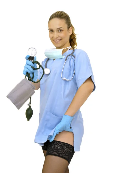 Sexy Młody Lekarz Ciśnienie Krwi Urządzenie Pozowanie Białym Tle — Zdjęcie stockowe