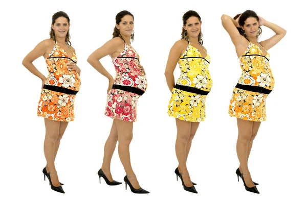 Kobieta Ciąży Pozowanie Innego Koloru Sukienka Kilku Pozycjach Izolowanych Kolorze — Zdjęcie stockowe