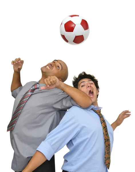 Två Affärsmän Slåss Fotbollsmatch Isolerad Vitt — Stockfoto