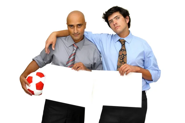 Dos Empresarios Con Balón Fútbol Tarjetas Blancas Aislados Blanco —  Fotos de Stock