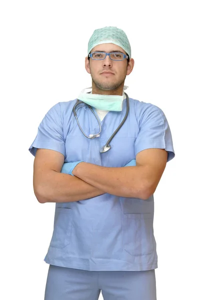 Arzt Uniform Posiert Isoliert Weiß — Stockfoto