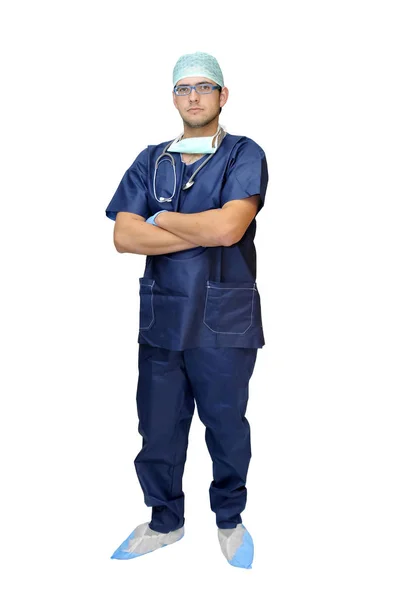 Doctor Uniform Poseren Geïsoleerd Wit — Stockfoto