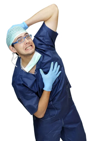 Orolig Läkare Uniform Med Händerna Huvudet Gör Roligt Ansikte Isolerad — Stockfoto