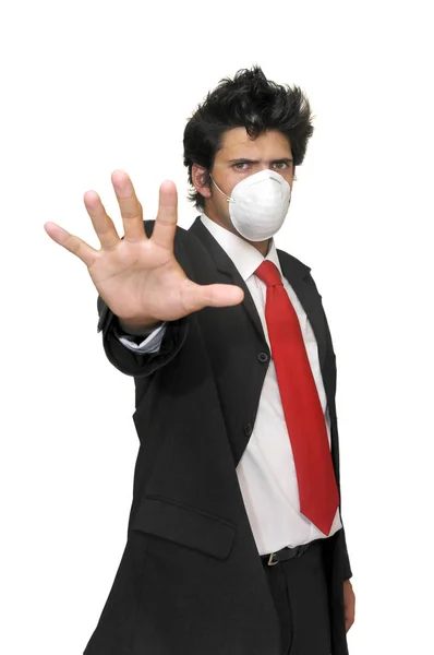 インフルエンザから身を守るマスクを手にしたビジネスマンが言いました — ストック写真