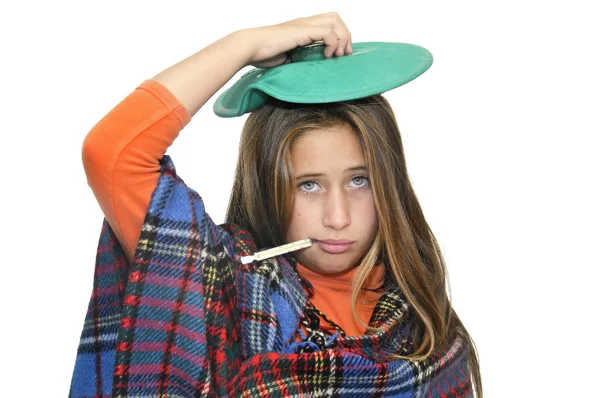 Sick Young Girl Termometer Isolated White — Stock Photo, Image