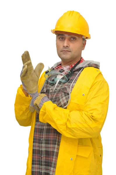 Trabajador Con Gafas Sombrero Aislado Blanco —  Fotos de Stock