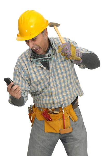 Worker Phone Hammer Isolated White — Stock Photo, Image