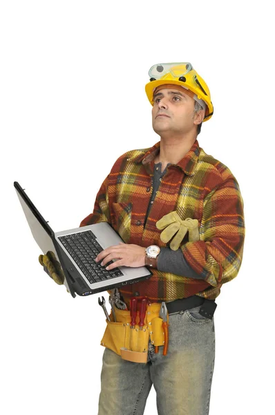 Arbeiter Mit Laptop Isoliert Weiß — Stockfoto