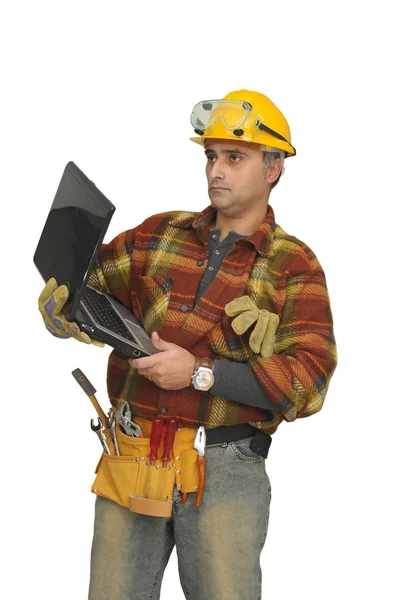Arbeiter Mit Laptop Isoliert Weiß — Stockfoto