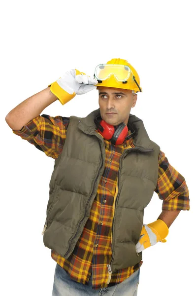 Trabalhador Com Chapéu Telefones Proteção Isolados Branco — Fotografia de Stock