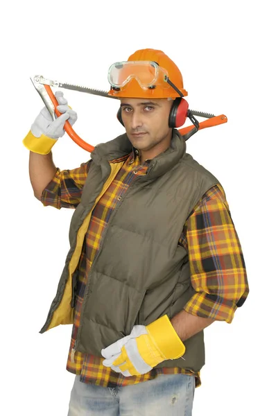 Trabalhador Com Chapéu Telefones Proteção Isolados Branco — Fotografia de Stock