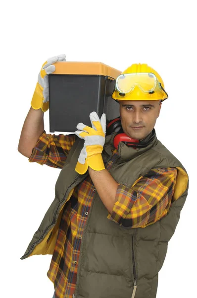 Trabalhador Com Caixa Ferramentas Isolada Branco — Fotografia de Stock