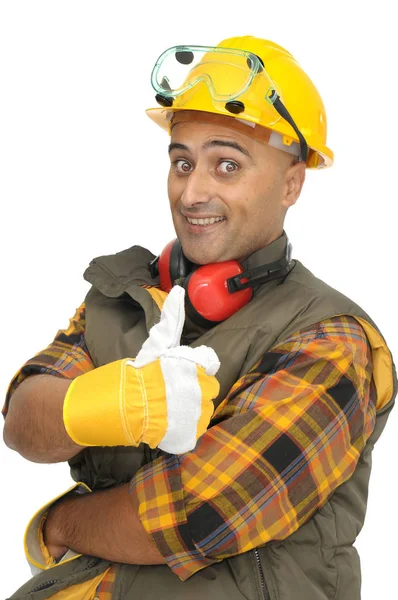 Trabajador Con Sombrero Auriculares Aislados Blanco —  Fotos de Stock