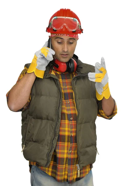 Worker Hat Phone Isolated White — Stock Photo, Image