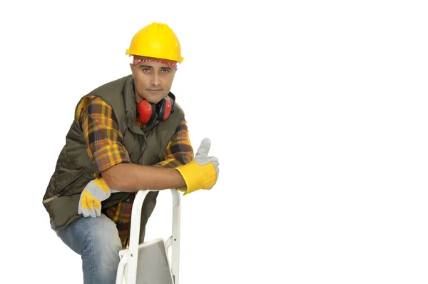 Trabajador Con Sombrero Auriculares Aislados Blanco —  Fotos de Stock