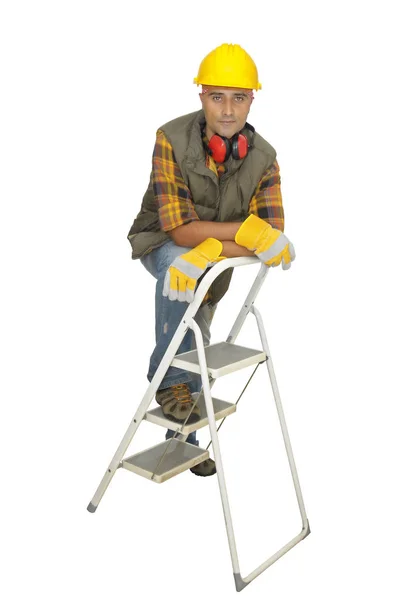 Worker Hat Ladder Isolated White — Stock Photo, Image