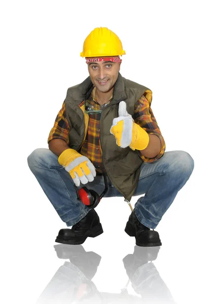 Trabajador Con Sombrero Auriculares Aislados Blanco — Foto de Stock