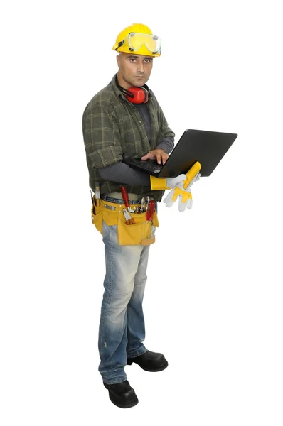 Construction Worker Laptop Isolated White — Stock Photo, Image