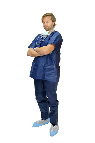Doctor Uniform Poseren Geïsoleerd Wit — Stockfoto