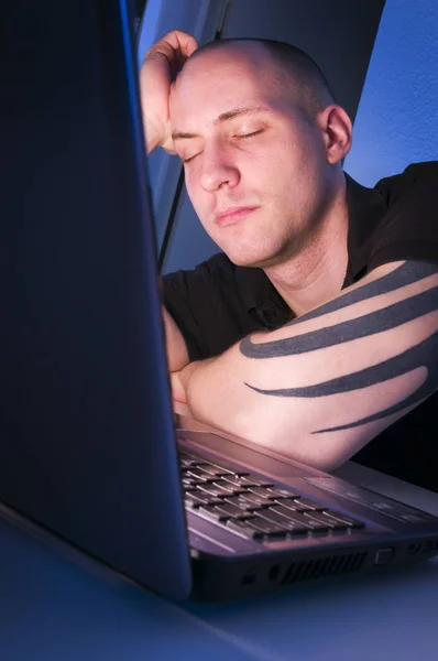 Head Shoulders Shot Young Man Front Laptop Asleep Head Supported Royalty Free Stock Photos