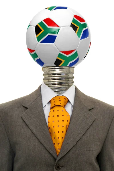Ampul Dünya Kupası Futbol Topu Kafalı Bir Adamı Beyaz Arka — Stok fotoğraf