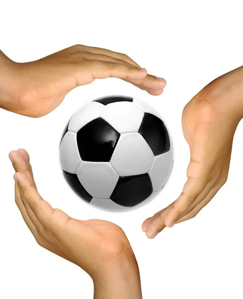 Hände Einen Weiß Isolierten Fußballball — Stockfoto