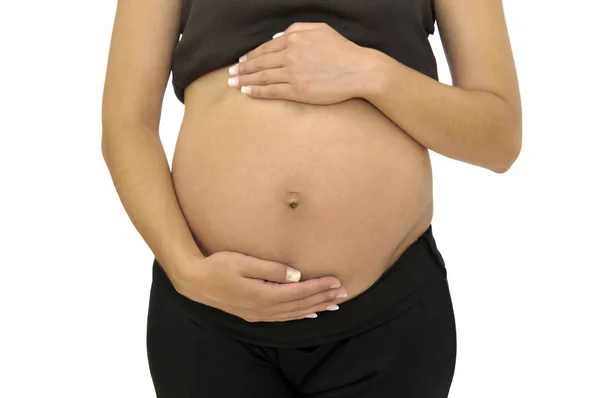 Kobieta Ciąży Brzuch Białym Tle Kolorze Białym — Zdjęcie stockowe
