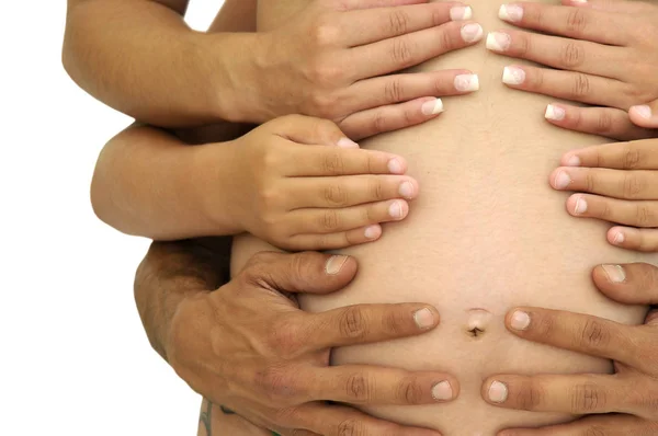 Zwangere Vrouw Buik Gevuld Met Familie Handen Geïsoleerd Wit — Stockfoto