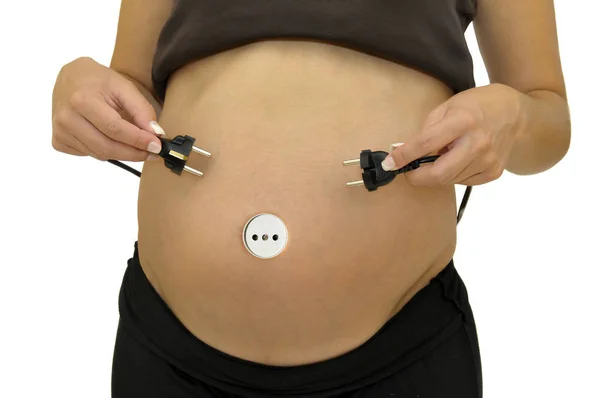 Pregnant Woman Belly Plugs Outlet Isolated White — Stock Photo, Image