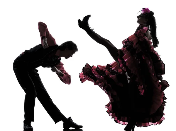 Пара Мужчин Танцовщица Танцует Французский Канкан Студии Изолированы Белом Фоне — стоковое фото