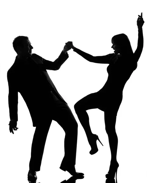 つの白人カップル男と女の白い背景で隔離のスタジオ シルエットで踊っている岩 — ストック写真