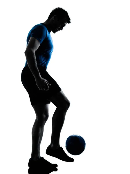 Homem Caucasiano Jogando Futebol Malabarismo Jogador Futebol Silhueta Estúdio Isolado — Fotografia de Stock