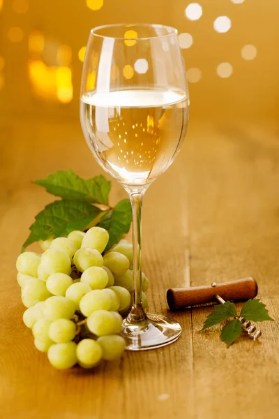 Glass White Wine Grapes Corkscrew Festive Bokeh Party Lights — Stock Photo, Image