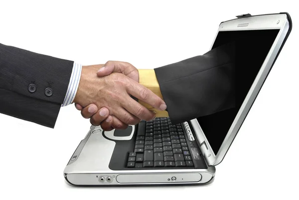 Businessman Shaking Hands Laptop White Background — Stock Photo, Image