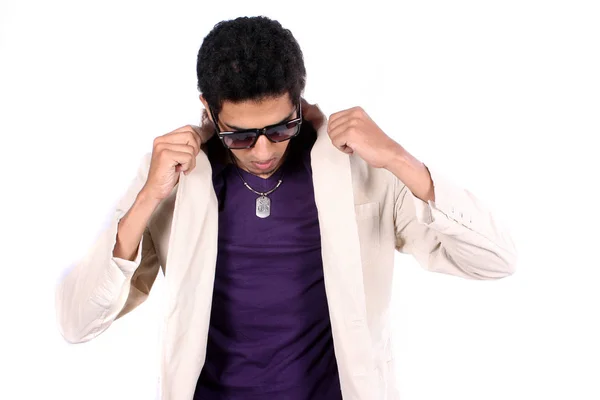 Stylish Young Indian Guy Wearing Jacket White Studio Background — Stock Photo, Image