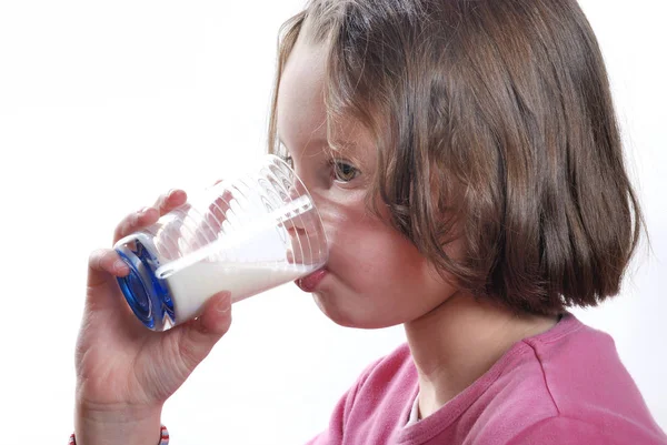 Portrait Girl Drinking Glass Milk — Stock Photo, Image
