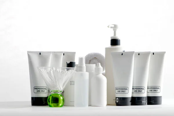 Various Professional Spa Products Arranged White Background — Stock Photo, Image