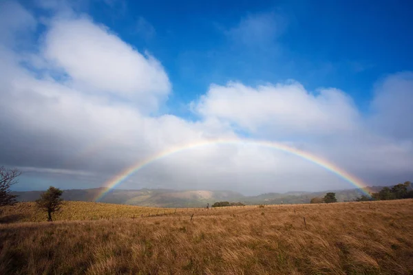 Ampio Arcobaleno Praterie Bagnate Con Colline Sullo Sfondo — Foto Stock